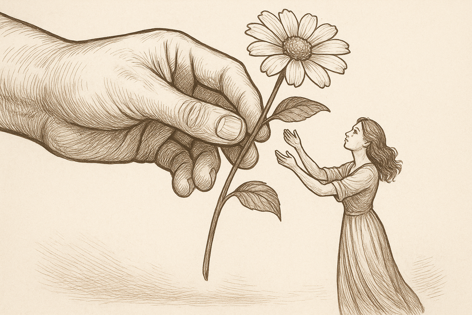 Drawing of GIANT hand, giving a flower to a lady